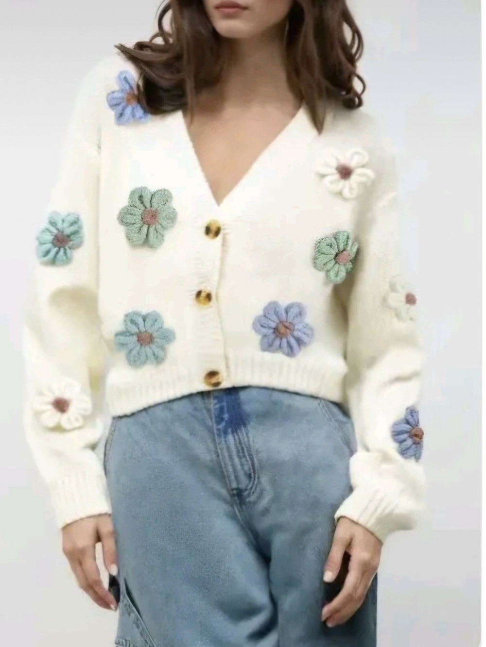 Cider Cream Floral Appliqué V-Neck Cardigan Sweater Brand New With Tags
